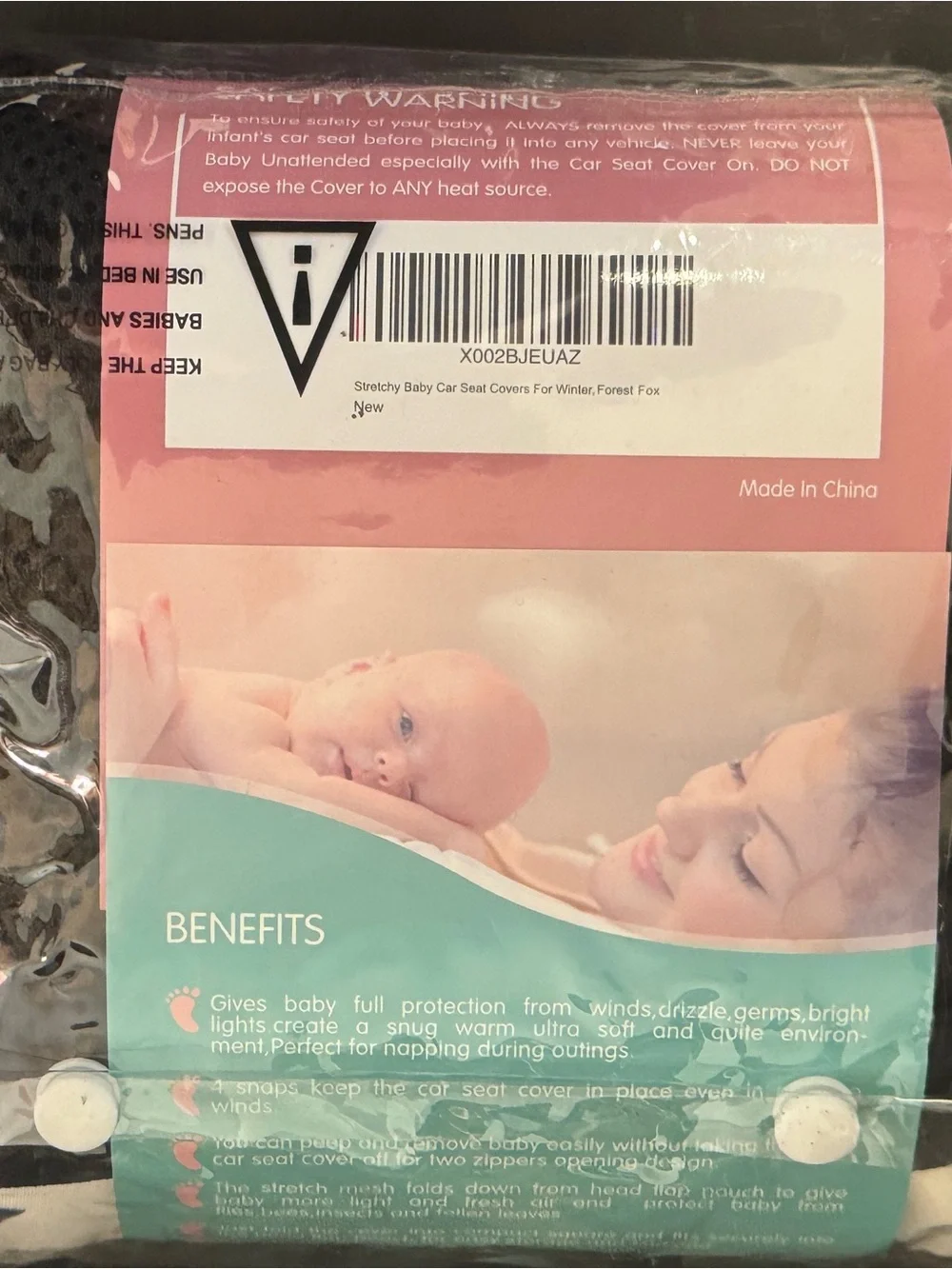 Infant Car Seat Cover in White with Pink Fox & Black Tree Print NEW in package